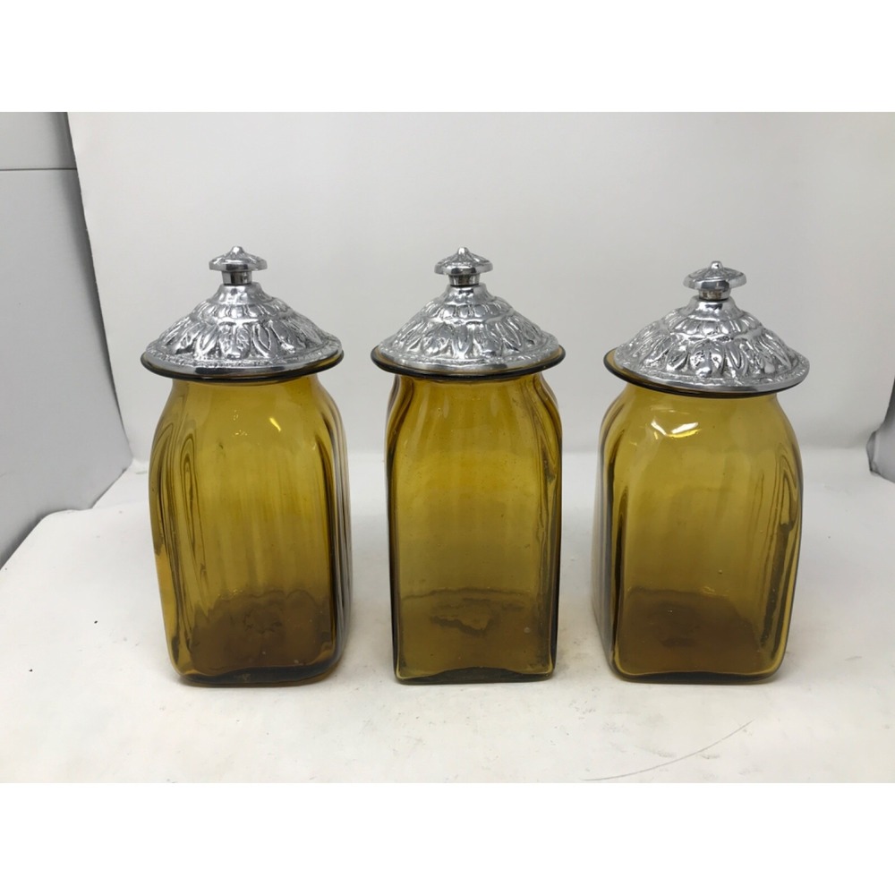 Canister Set of 3 Amber Ribbed Glass Holland Boone Pewter Lids Hand Blown Mexico